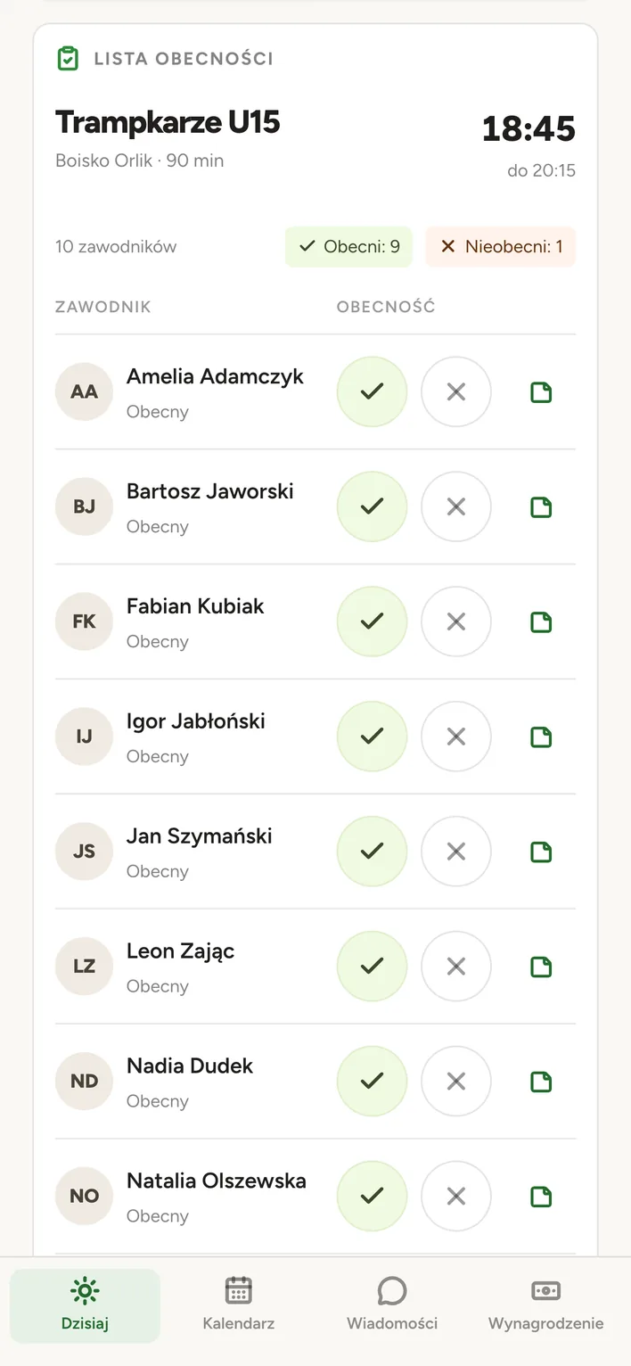 Lista obecności w telefonie: zajęcia, obecni i zgłoszona nieobecność.