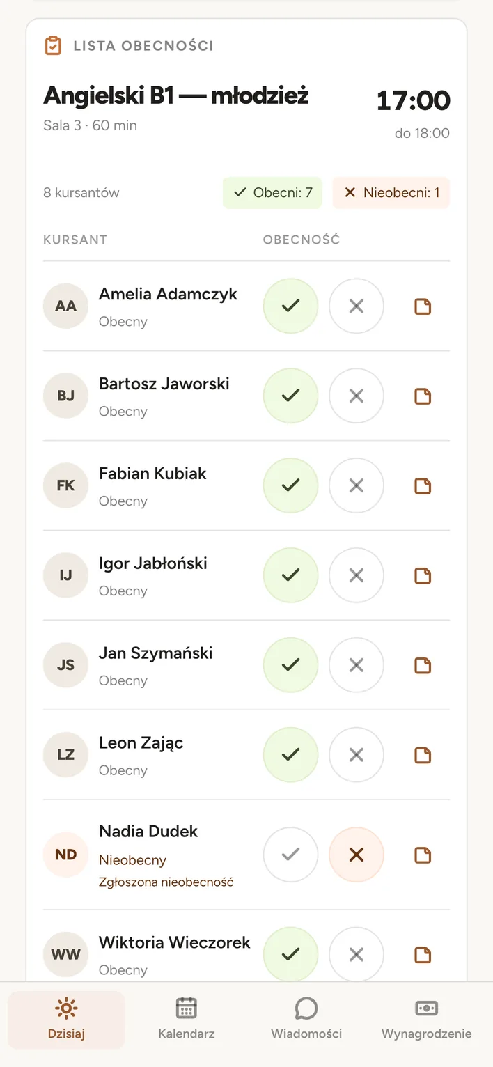Lista obecności w telefonie: zajęcia, obecni i zgłoszona nieobecność.