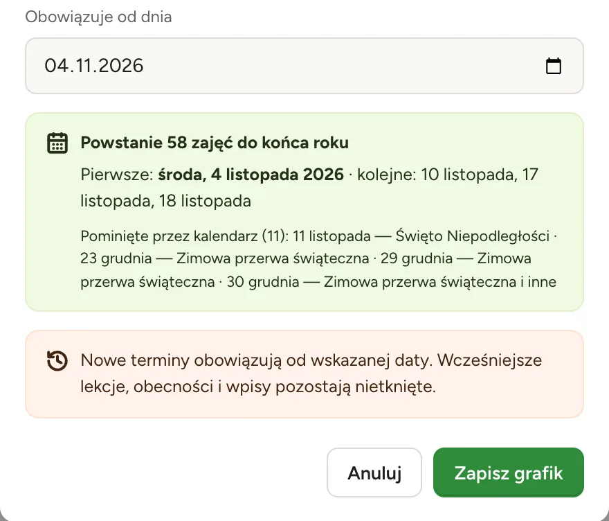 Grafik treningów na cały sezon.