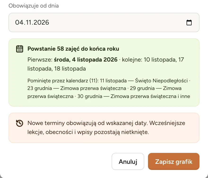 Grafik na cały rok, z poziomami i salami.