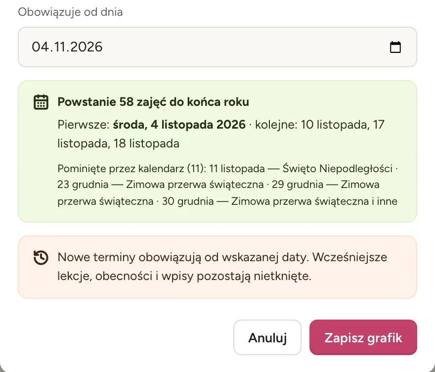 Grafik na cały rok, w każdej sali.