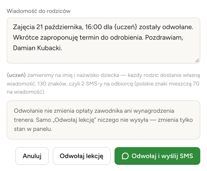 Trening odwołany? Każdy rodzic dostaje SMS.